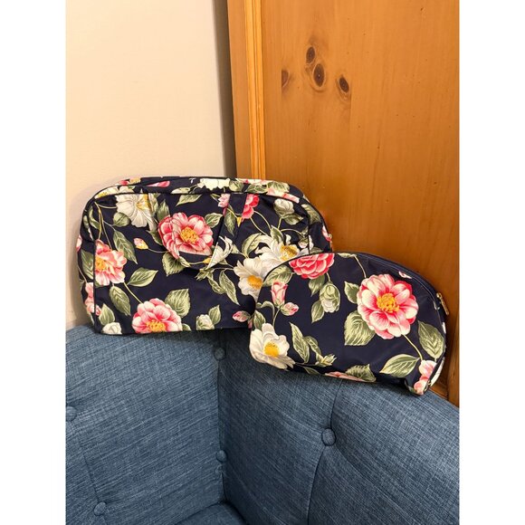 Christian Dior Floral Print Cosmetic Bag Navy Vintage Zip Pouch 9x4x14 9x8 80s - Picture 1 of 16